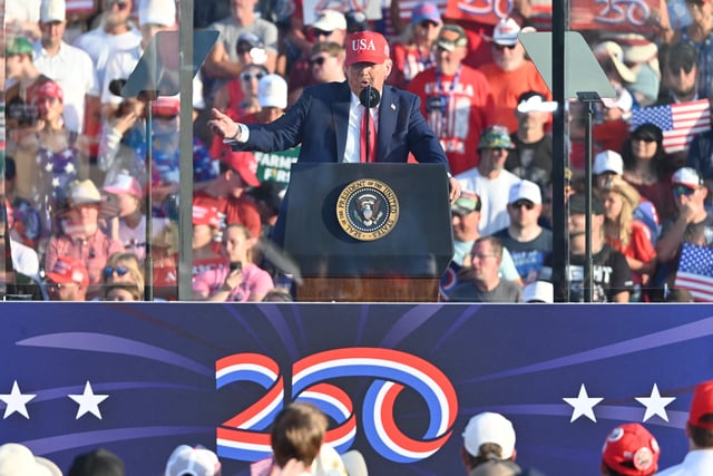 United States President Donald J Trump delivers remarks to a crowd at an America250 rally in Des Moines, Iowa, United States on July 3, 2025. Photo by Kyle Mazza / UNF News via CNP/ABACAPRESS.COM