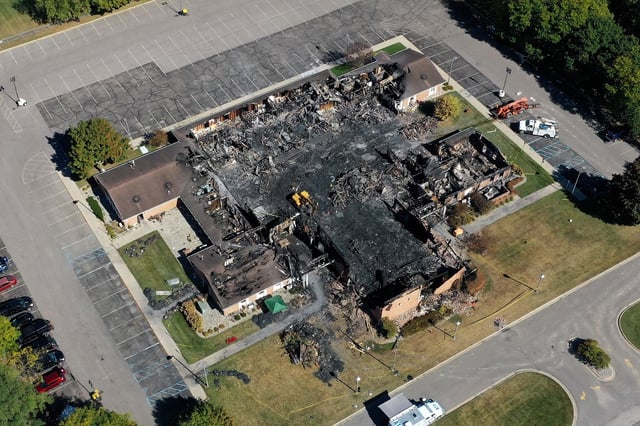 In this aerial view, the burned remains of the Church of Jesus Christ of Latter-day Saints, on October 1, in Grand Blanc, Michigan.