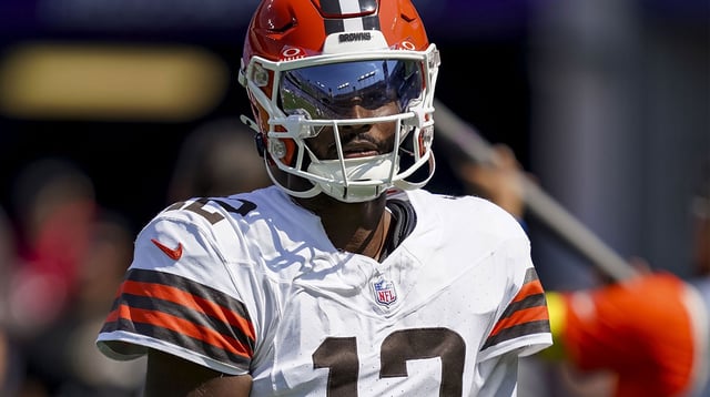 Sep 14, 2025; Baltimore, Maryland, USA; Cleveland Browns quarterback Shedeur Sanders (12) before the game against the Baltimore Ravens at M&T Bank Stadium. Mandatory Credit: Mitch Stringer-Imagn Images
