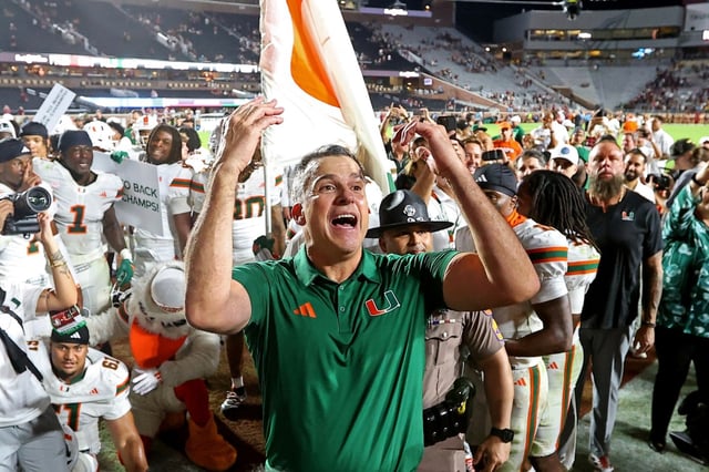 Head coach Mario Cristobal of the Miami Hurricanes reacts to the fans after beating the Florida State Seminoles 28-22 at Doak S. Campbell Stadium on Oct. 4, 2025 in Tallahassee, Florida.  (Photo by Jason Clark/Getty Images)