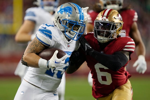 SANTA CLARA, CALIFORNIA - DECEMBER 30: Craig Reynolds #13 of the Detroit Lions is forced out of bounds by Malik Mustapha #6 of the San Francisco 49ers during the first quarterat Levi's Stadium on December 30, 2024 in Santa Clara, California. (Photo by Thearon W. Henderson/Getty Images)