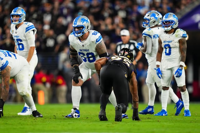 BALTIMORE, MD - SEPTEMBER 22: Taylor Decker #68 of the Detroit Lions lines up before the snap during an NFL football game against the Baltimore Ravens at M&T Bank Stadium on September 22, 2025 in Baltimore, Maryland. (Photo by Cooper Neill/Getty Images)