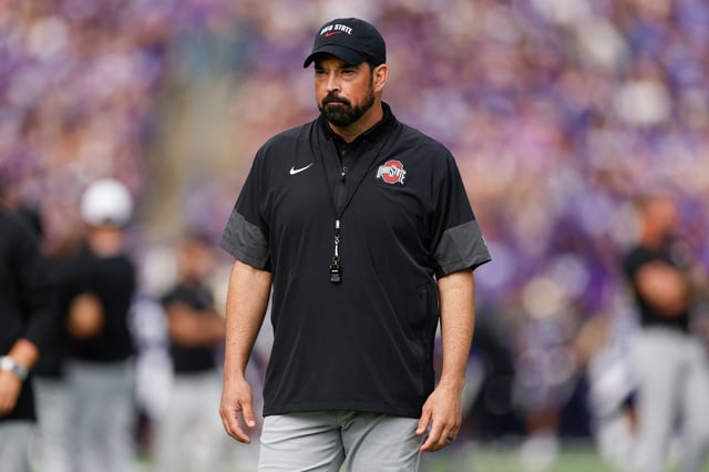 Head coach Ryan Day of the Ohio State Buckeyes looks on before the game against the Washington Huskies at Husky Stadium on September 27, 2025 in Seattle, Washington.
