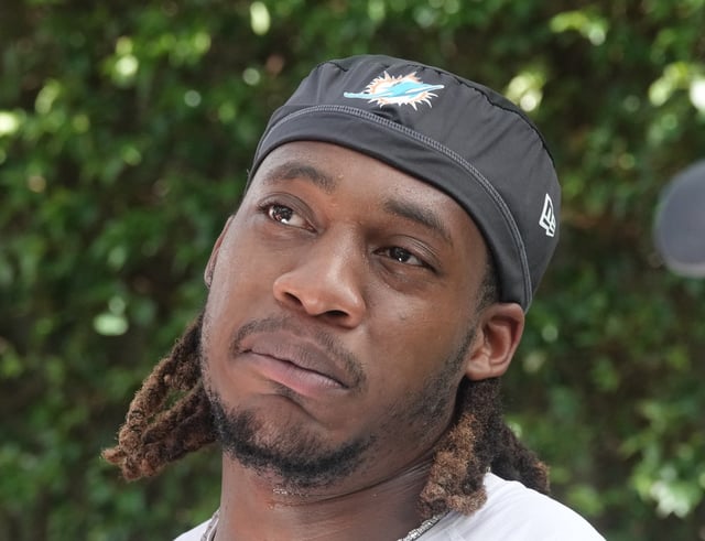 Miami Dolphins running back Jaylen Wright speaks during practice, Thursday, July 24, 2025, at the Baptist Health Training Complex in Miami Gardens. (Joe Cavaretta/South Florida Sun Sentinel)