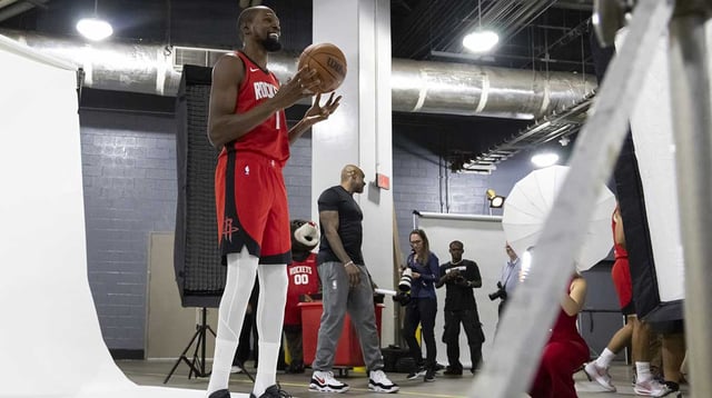 Sep 29, 2025; Houston, TX, USA; Houston Rockets forward Kevin Durant (7) smiles during Houston Rockets media day at Toyota Center. Mandatory Credit: Troy Taormina-Imagn Images