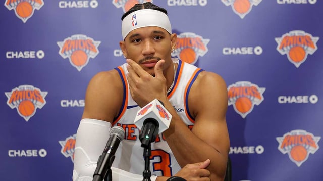 Sep 23, 2025; New York, NY, USA; New York Knicks guard Josh Hart speaks to the media during a media day press conference at the Madison Square Garden training center. Mandatory Credit: Brad Penner-Imagn Images