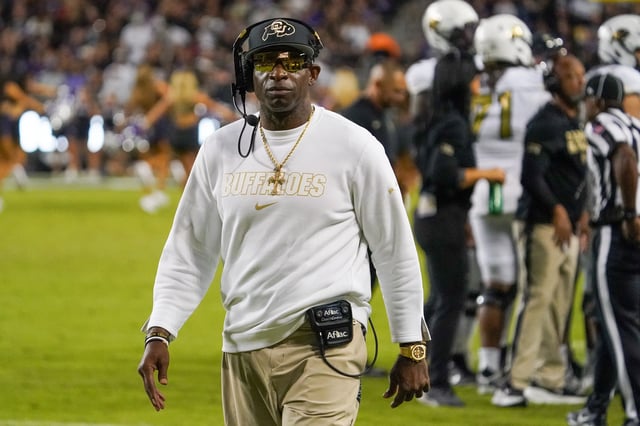 Oct 4, 2025; Fort Worth, Texas, USA; Colorado Buffaloes head coach Deion Sanders on the sidelines during the first half against the TCU Horned Frogs at Amon G. Carter Stadium. Mandatory Credit: Raymond Carlin III-Imagn Images