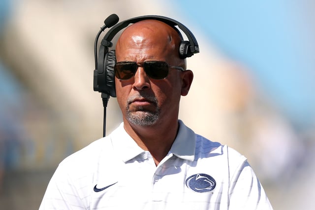 Head coach James Franklin of the Penn State Nittany Lions looks on against the UCLA Bruins during the first quarter at Rose Bowl Stadium on October 04, 2025 in Pasadena, California.