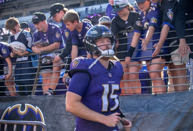 Ravens quarterback Cooper Rush takes the field before Sunday’s game against the Texans at M&T Bank Stadium. Rush is starting for the injured Lamar Jackson. (Karl Merton Ferron/Staff)
