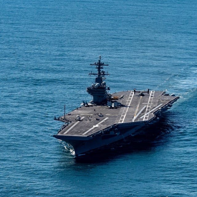 The USS George H.W. Bush aircraft carrier sails in the Atlantic Ocean off the coast of Norfolk, Va., Saturday, Oct. 4, 2025. (AP Photo/Alex Brandon, Pool)