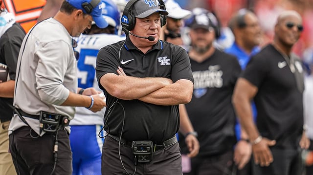 Oct 4, 2025; Athens, Georgia, USA; Kentucky Wildcats head coach Mark Stoops shown on the sidelines during the game against the Georgia Bulldogs during the first half at Sanford Stadium. Mandatory Credit: Dale Zanine-Imagn Images