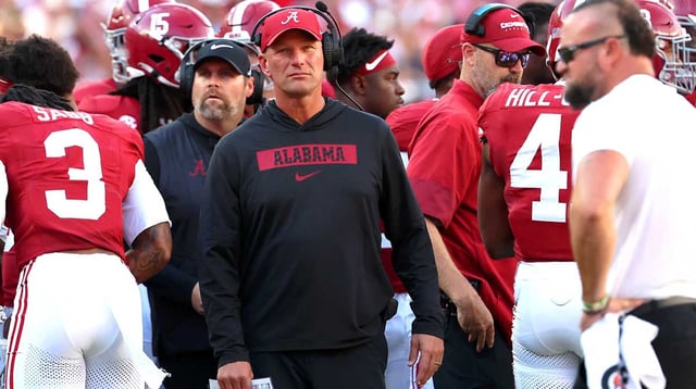 Oct 4, 2025; Tuscaloosa, Alabama, USA; Alabama Crimson Tide head coach Kalen DeBoer watches from the sidelines during the second quarter against the Vanderbilt Commodores at Saban Field at Bryant-Denny Stadium. Mandatory Credit: David Leong-Imagn Images
