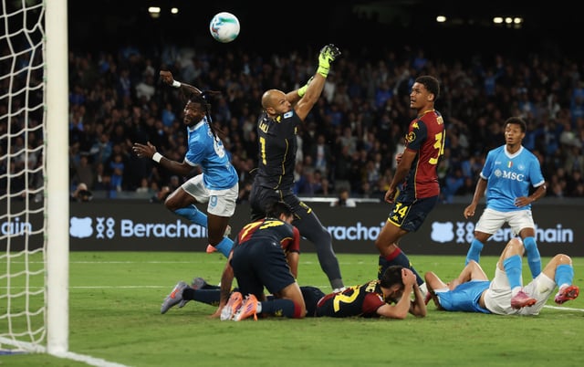 Soccer Football - Serie A - Napoli v Genoa - Stadio Diego Armando Maradona, Naples, Italy - October 5, 2025 Napoli's Frank Anguissa scores their first goal REUTERS/Ciro De Luca