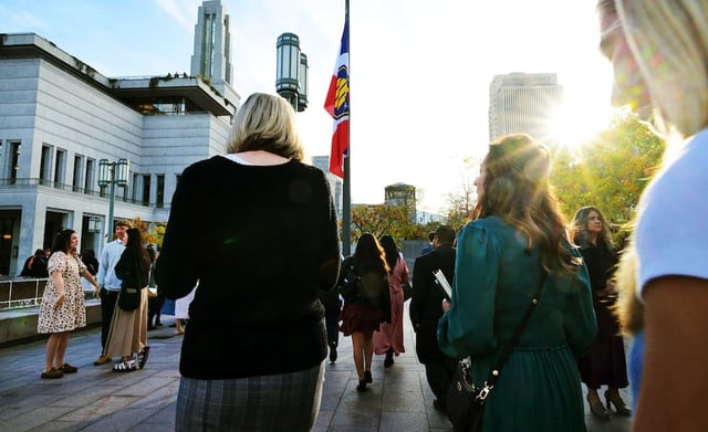 Conference attendees make their way in for the 195th Semiannual General Conference of The Church of Jesus Christ of Latter-day Saints at the Conference Center in Salt Lake City on Sunday, Oct. 5, 2025.