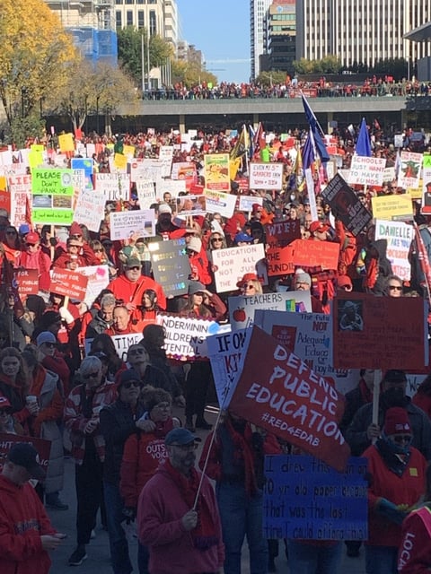 A rally in support of teachers on the cusp of a province-wide teachers' strike in Alberta drew thousands to the Alberta legislature grounds Sunday morning. Photo by David Bloom/Postmedia