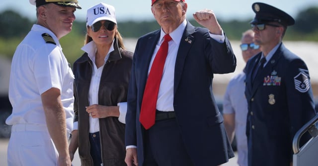 First Lady Melania Trump and U.S. President Donald Trump disembark from Air Force One after landing at Naval Station Norfolk before they visit the USS George H.W. Bush aircraft carrier on October 5, 2025 in Norfolk, Virginia. | (Photo by Alex Wong/Getty Images)
