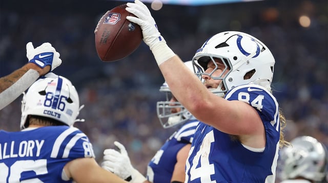 Oct 5, 2025; Indianapolis, Indiana, USA; Indianapolis Colts tight end Tyler Warren (84) celebrates after scoring a touchdown against the Las Vegas Raiders during the first quarter at Lucas Oil Stadium. Mandatory Credit: Trevor Ruszkowski-Imagn Images