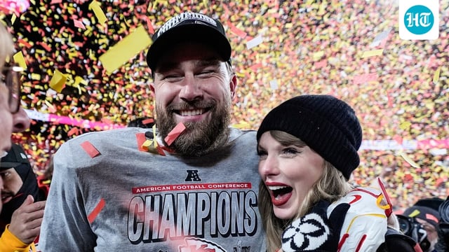 FILE - Travis Kelce, left, and Taylor Swift pose after the AFC Championship NFL football game against the Buffalo Bills, Jan. 26, 2025, in Kansas City, Mo. (AP Photo/Ashley Landis, File)