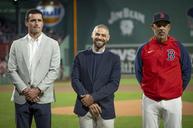 BOSTON, MASSACHUSETTS - MARCH 27:Assistant General Manager Paul Toboni of the Boston Red Sox, Director of Player Development Brian Abraham, and Alex Cora #13 of the Boston Red Sox look on during the Minor League Awards Pre-Game Ceremony before a game between the Tampa Bay Rays and the Boston Red Sox on September 27, 2024 at Fenway Park in Boston, Massachusetts. (Photo by Maddie Malhotra/Boston Red Sox/Getty Images)