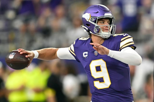 J.J. McCarthy #9 of the Minnesota Vikings warms up against the Atlanta Falcons before the game at U.S. Bank Stadium on September 14, 2025 in Minneapolis, Minnesota.