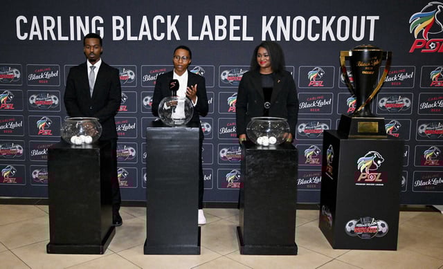 Siphesihle Sosibo (PSL), Emily Mogotlhe (PSL) and Siphe Kondze (SAB Regional People Manager -ECR) during the 2025 Carling Knockout Cup Last 8 draw at the Moses Mabhida Stadium in Durban on Sunday. Photo: Gerhard Duraan/BackpagePix