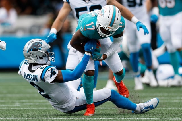 Miami Dolphins wide receiver Jaylen Waddle is tackled by Carolina Panthers cornerback Mike Jackson during the second half Sunday in Charlotte, N.C. (AP Photo/Rusty Jones)