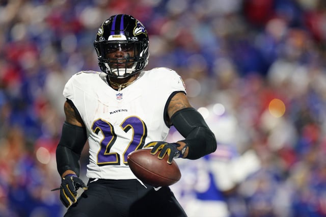Derrick Henry #22 of the Baltimore Ravens carries the ball for a touchdown during the second quarter against the Buffalo Bills at Highmark Stadium on September 07, 2025 in Orchard Park, New York.