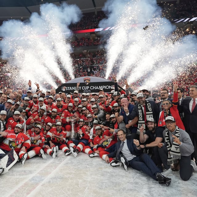 The Florida Panthers pose with the Stanley Cup after defeating the Edmonton Oilers in Game 6 of the Stanley Cup final in Sunrise, Fla., on Tuesday, June 17, 2025. (AP Photo/Lynne Sladky)