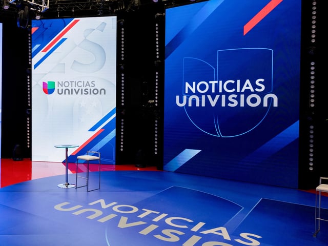 The stage ahead a Noticias Univision presidential town hall in Miami, Florida, US, on Wednesday, Oct. 16, 2024. Trump shifted from a mostly defensive stance of his protectionist trade policies to more of an offensive posture by going after those he considers to be "anti-tariff." Photographer: Eva Marie Uzcategui/Bloomberg