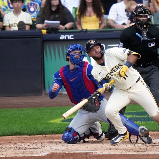 Milwaukee Brewers' Jackson Chourio hits an RBI single during the second inning of Game 1 of baseball's National League Division Series against the Chicago Cubs Saturday, Oct. 4, 2025, in Milwaukee. (AP Photo/Morry Gash)