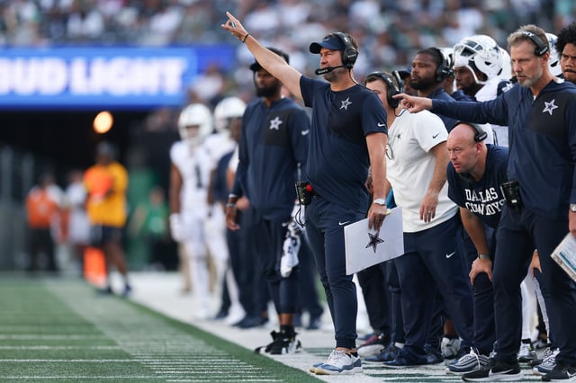EAST RUTHERFORD, NEW JERSEY - OCTOBER 05: Head coach Brian Schottenheimer of the Dallas Cowboys looks on during the second half against the New York Jets in the game at MetLife Stadium on October 05, 2025 in East Rutherford, New Jersey. (Photo by Ishika Samant/Getty Images)