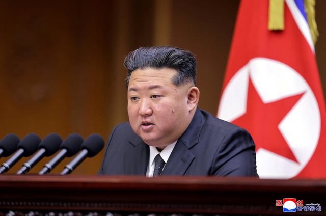 North Korean leader Kim Jong Un speaks during a meeting of the Supreme People's Assembly at the Mansudae Assembly Hall in Pyongyang, North Korea, in this picture released September 22, 2025 by North Korea's official Korean Central News Agency.    KCNA via REUTERS