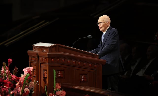 Elder Dallin H. Oaks, president of the Quorum of the Twelve Apostles, speaks during the Sunday afternoon session of the 195th Semiannual General Conference of The Church of Jesus Christ of Latter-day Saints in the Conference Center in Salt Lake City on Oct. 5, 2025.