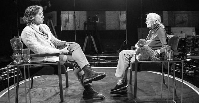Jane Goodall and Brad Falchuk on the set of Famous Last Words.