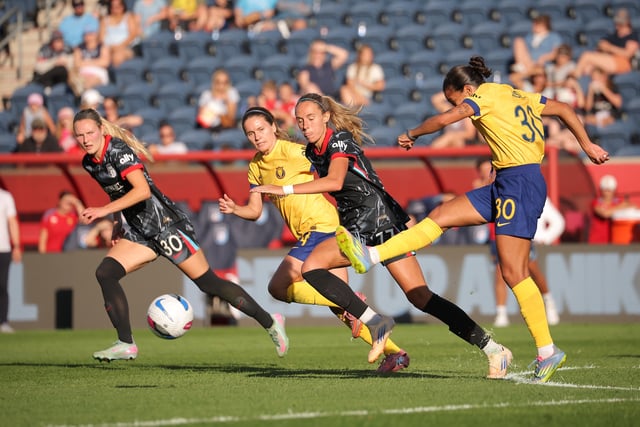 Oct 5, 2025; Bridgeview, Illinois, USA; Utah Royals FC forward Aisha Solórzano (30) kicks the ball past Chicago Stars midfielder Maitane López (77) during the second half of a match at SeatGeek Stadium. Mandatory Credit: Melissa Tamez-Imagn Images