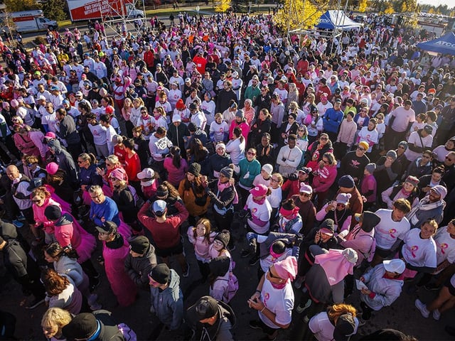  Runners ready for the start at the annual Canadian Cancer Society CIBC Run for the Cure at Southcentre Mall in Calgary on Sunday, Oct. 5, 2025.