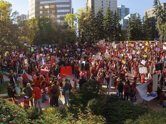 Part of a huge crowd at a rally in support of public education for World Teachers’ Day at McDougall Centre in Calgary on Sunday, Oct. 5, 2025.