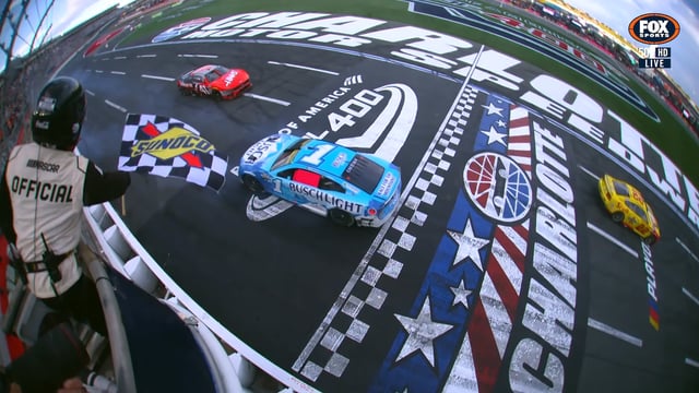 Ross Chastain crossed the line backwards after tangling with Denny Hamlin on the last lap of the Roval 400 at Charlotte.