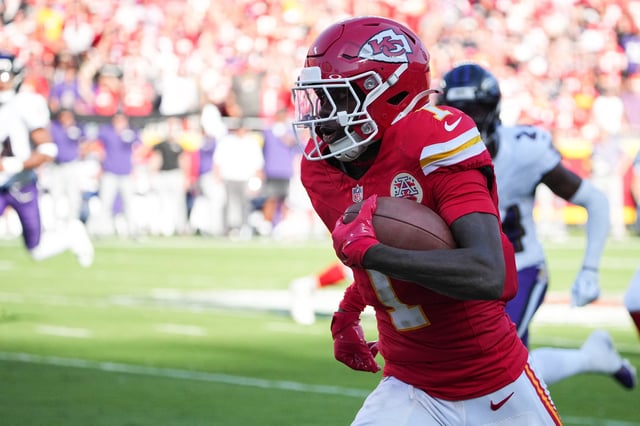 Sep 28, 2025; Kansas City, Missouri, USA; Kansas City Chiefs wide receiver Xavier Worthy (1) runs after making a catch during the second quarter against the Baltimore Ravens at GEHA Field at Arrowhead Stadium. Mandatory Credit: Denny Medley-Imagn Images/File Photo