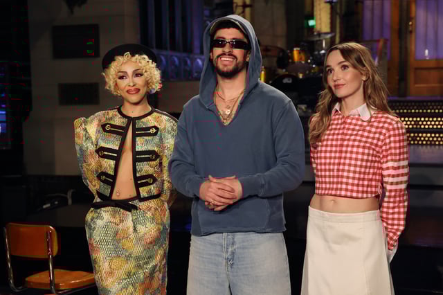 SATURDAY NIGHT LIVE -- Episode 1885 -- Pictured: (l-r) Musical guest Doja Cat, host Bad Bunny, and Chloe Fineman during Promos on Thursday, October 2, 2025 -- (Photo by: Rosalind O'Connor/NBC via Getty Images)