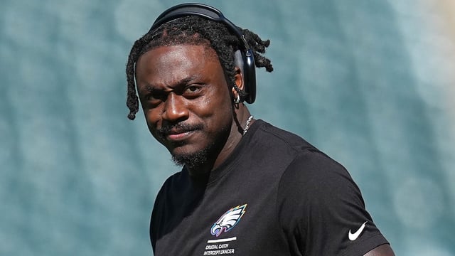 PHILADELPHIA, PENNSYLVANIA - OCTOBER 05: A.J. Brown #11 of the Philadelphia Eagles looks on prior to the game against the Denver Broncos at Lincoln Financial Field on October 05, 2025 in Philadelphia, Pennsylvania. (Photo by Mitchell Leff/Getty Images)