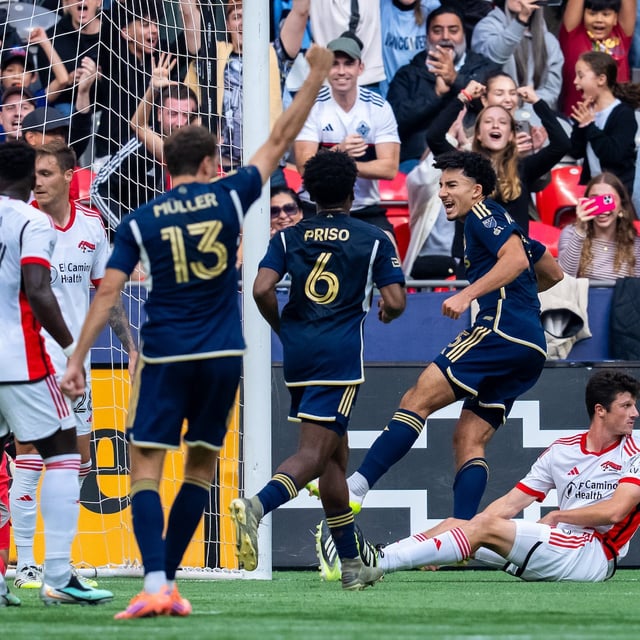 Vancouver Whitecaps' Rayan Elloumi, second right, celebrates his goal against the San Jose Earthquakes as Earthquakes' Daniel Munie, far right, watches during the first half of an MLS soccer match in Vancouver, on Sunday, October 5, 2025. THE CANADIAN PRESS/Ethan Cairns