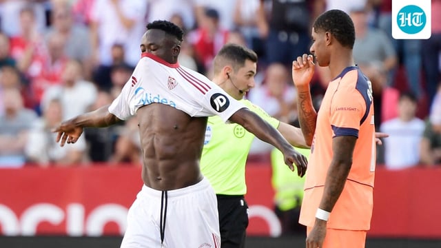 Sevilla's Nigerian forward Akor Jerome Adams celebrates scoring his team's fourth goal