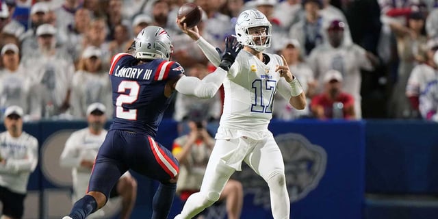 Oct 5, 2025; Orchard Park, New York, USA; Buffalo Bills quarterback Josh Allen (17) drops back to pass against the New England Patriots during the first half at Highmark Stadium. Mandatory Credit: Gregory Fisher-Imagn Images