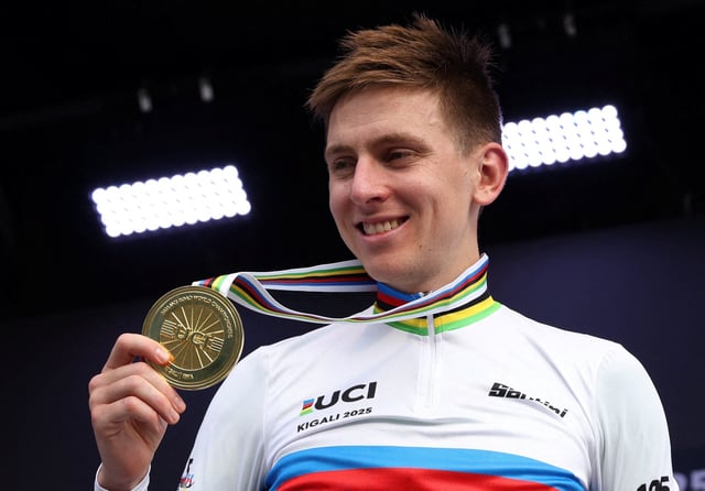 Cycling - Road World Championships 2025 - Kigali, Rwanda - September 28, 2025 Slovenia's Tadej Pogacar celebrates on the podium after winning the Men's Elite Road Race REUTERS/Jean Bizimana/File Photo