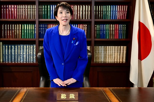 Sanae Takaichi, the newly elected leader of Japan's ruling Liberal Democratic Party (LDP), gestures as she leaves the party leader's office after the LDP leadership election in Tokyo, Japan, October 4, 2025. Yuichi Yamazaki/Pool via REUTERS