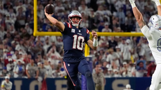 Oct 5, 2025; Orchard Park, New York, USA; New England Patriots quarterback Drake Maye (10) drops back to pass against the Buffalo Bills during the second half at Highmark Stadium. Mandatory Credit: Gregory Fisher-Imagn Images
