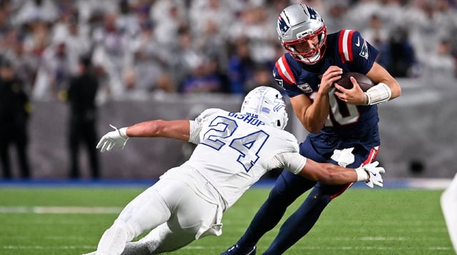 New England Patriots quarterback Drake Maye (10) rushes the ball against Buffalo Bills safety Cole Bishop (24) during the second half at Highmark Stadium. Mandatory Credit: Mark Konezny-Imagn Images