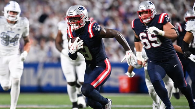 Oct 5, 2025; Orchard Park, New York, USA; New England Patriots wide receiver Stefon Diggs (8) makes a catch against the Buffalo Bills during the second half at Highmark Stadium. Mandatory Credit: Mark Konezny-Imagn Images