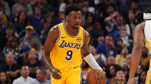 Oct 5, 2025; San Francisco, California, USA; Los Angeles Lakers guard Bronny James (9) dribbles upcourt against the Golden State Warriors in the second quarter at Chase Center. Mandatory Credit: David Gonzales-Imagn Images